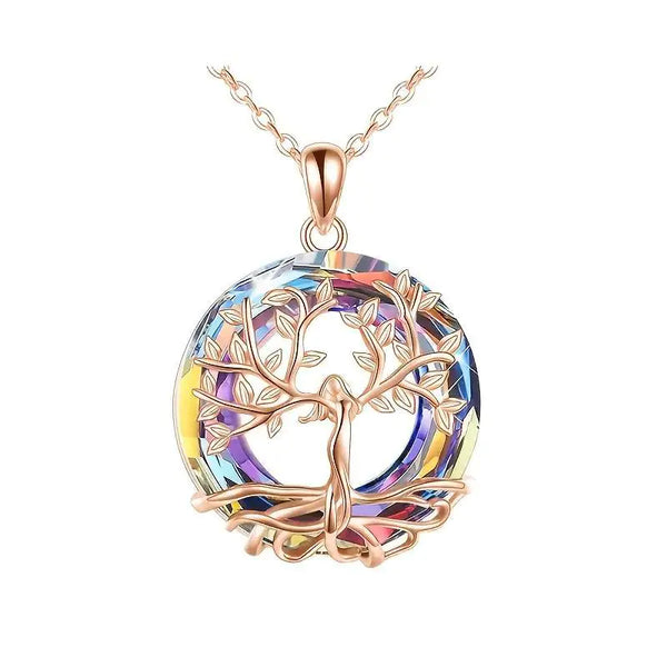 Exquisite Tree of Life Round Crystal Pendant Necklace