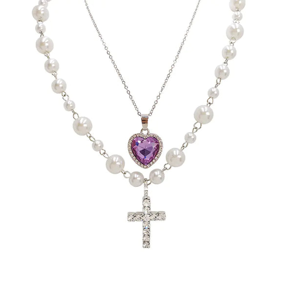 Elegant Faux Pearl Rhinestone Love Cross Necklace