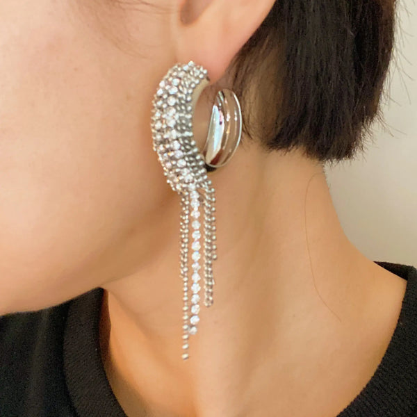 Crystal Fringe Hoop Earrings – Silver Statement Dangle Hoops